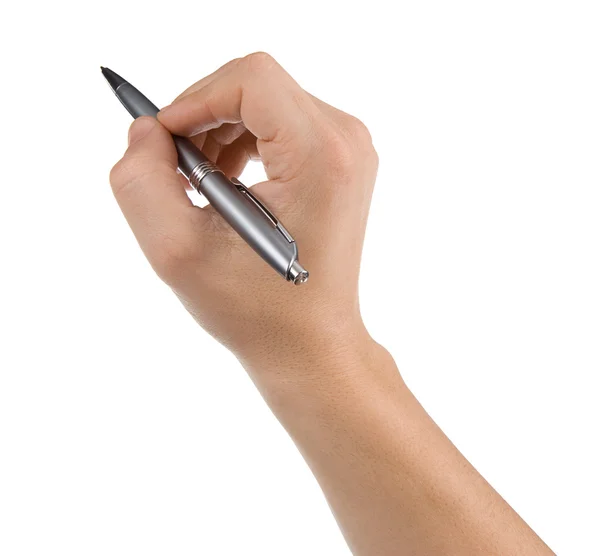 Mão com caneta isolada sobre branco — Fotografia de Stock