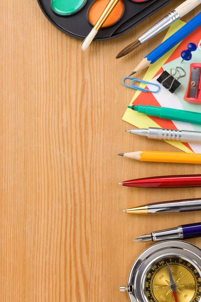 Back to school and supplies on wood — Stock Photo, Image