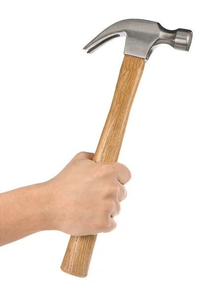 Hand holding hammer isolated on white — Stock Photo, Image