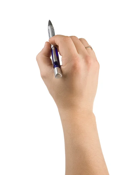 Kalem ve erkek elleri üzerinde beyaz izole — Stok fotoğraf