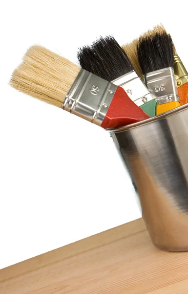 Paint bucket and brush isolated on white — Stock Photo, Image