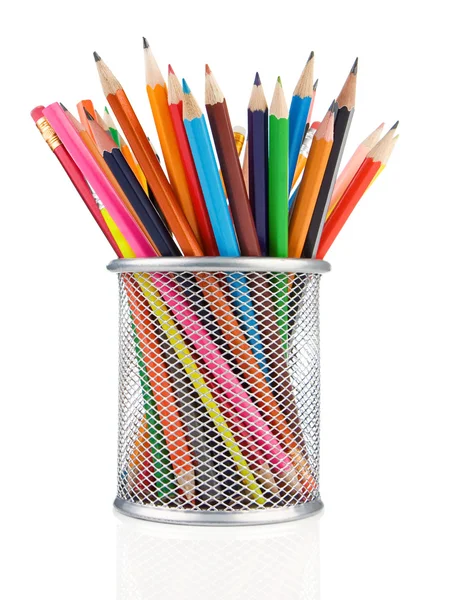 Colorful pencils in holder isolated on white — Stock Photo, Image
