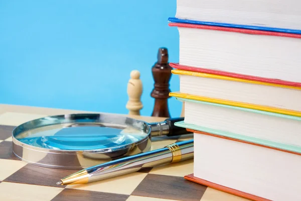 stock image Books, pen and chess