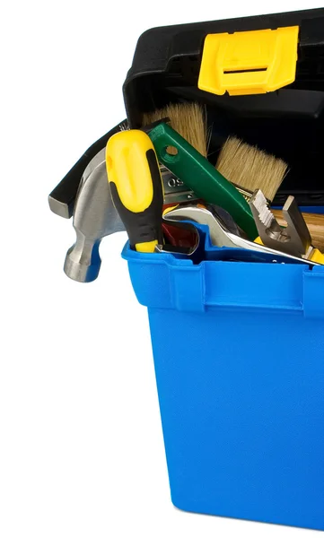Set of tools and instruments in box on white — Stock Photo, Image