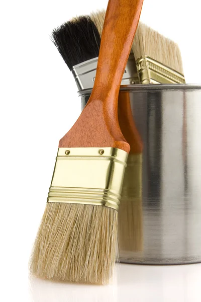 Paint bucket and brush isolated on white — Stock Photo, Image