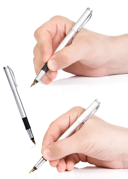 Stift und männliche Hände isoliert auf weiß Stockfoto