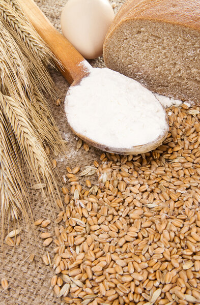 Bread, grain and wood spoon on sacking