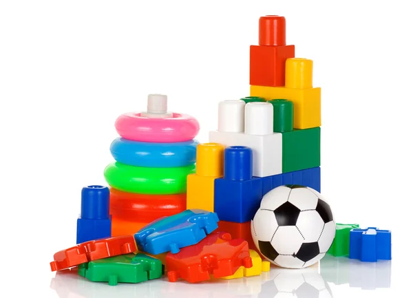 Brinquedos plásticos coloridos isolados em branco — Fotografia de Stock