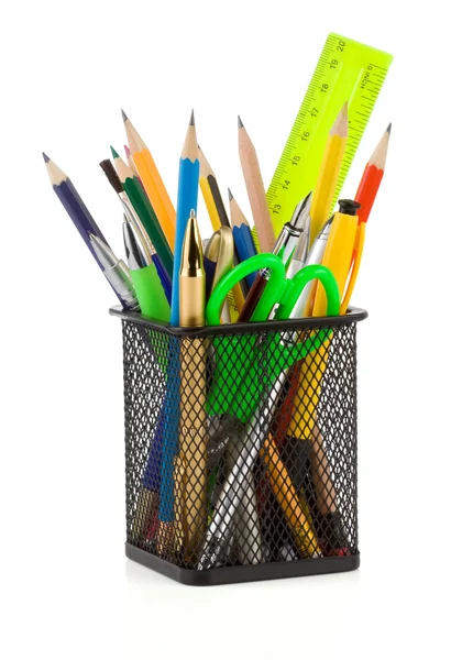 Holder basket and office supplies isolated on white — Stock Photo, Image