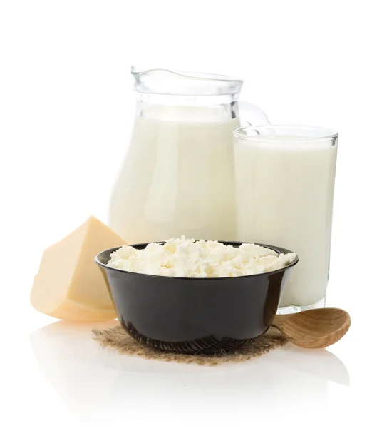Cheese in bowl and milk products — Stock Photo, Image