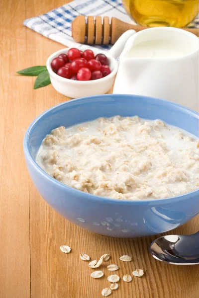 Bowl of oatmeal with milk on wood — Stock Photo, Image