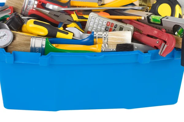 Conjunto de herramientas e instrumentos en caja aislada sobre fondo blanco —  Fotos de Stock