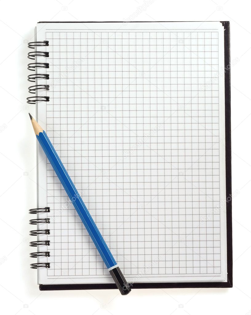 Pencil on checked notebook isolated on white