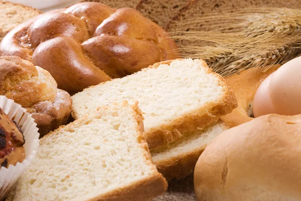 Bread, spike, sack and eggs — Stock Photo, Image