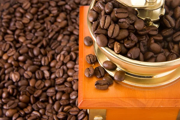 咖啡豆和黄金磨床 — 图库照片