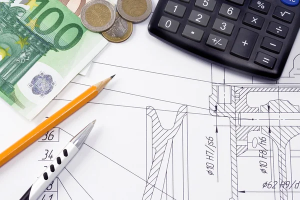 Pen and pencil, euro on drafting — Stock Photo, Image