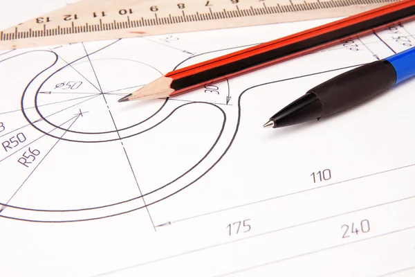 Drafing of crane hook with pencil and ruler — Stock Photo, Image