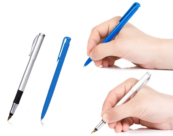 Hand hält Stift auf weiß — Stockfoto