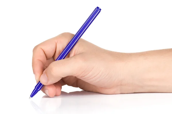 Manlig hand med penna på vit Stockbild