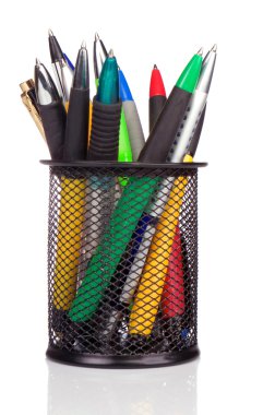 Holder basket full of colorful pens isolated on white clipart