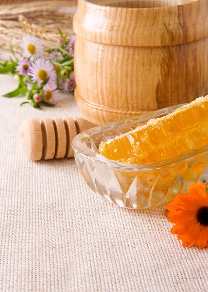 Honeycomb, honey in pot, stick and flowers — Stock Photo, Image