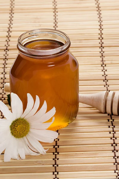 Pot of honey and flower — Stock Photo, Image