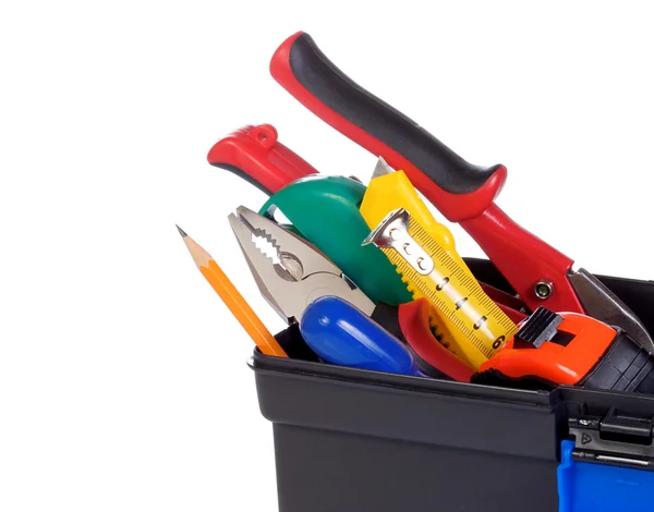 Conjunto de herramientas y istrumentos en caja de plástico negro aislado en whi — Foto de Stock