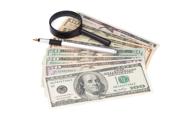 Zilveren pen op dollar — Stockfoto