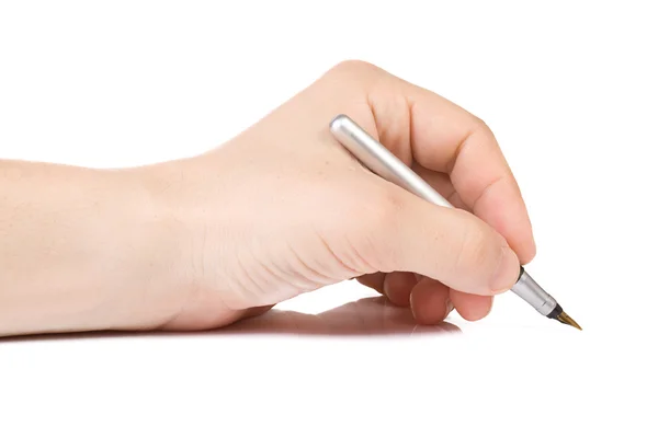 Mão e caneta sobre branco Fotografia De Stock
