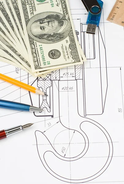 Pen and pencil, dollars on drafting — Stock Photo, Image