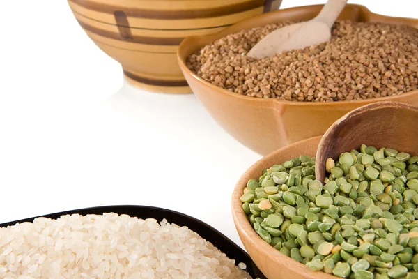 Rice, buckwheat and pea in plate — Stock Photo, Image