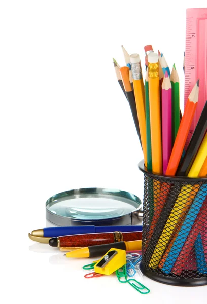 School accessories in holder on white — Stock Photo, Image