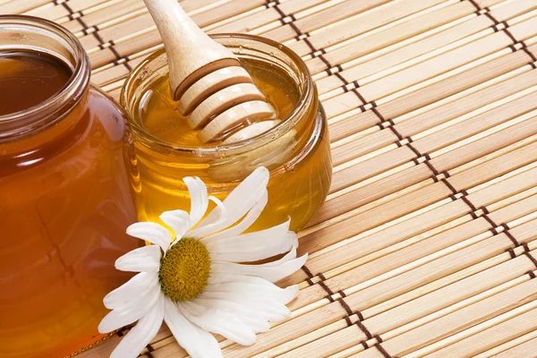 Sklo hrnec plný medu a květina — Stock fotografie