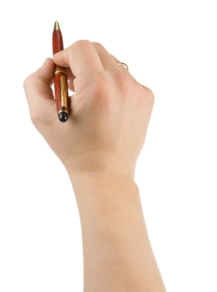ペンと白で隔離される男性の手 — ストック写真