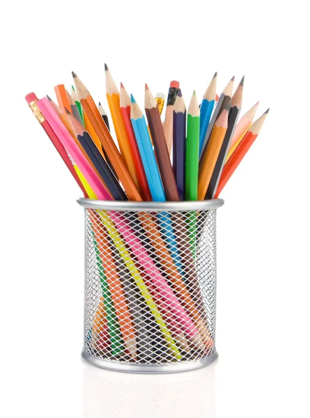 Kleurrijke potloden in houder geïsoleerd op wit — Stockfoto