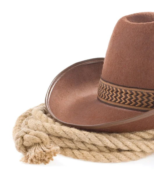Brown cowboy hat and rope isolated on white — Stock Photo, Image