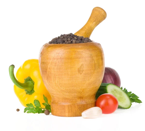 Food vegetable ingredients and mortar with pestle — Stock Photo, Image