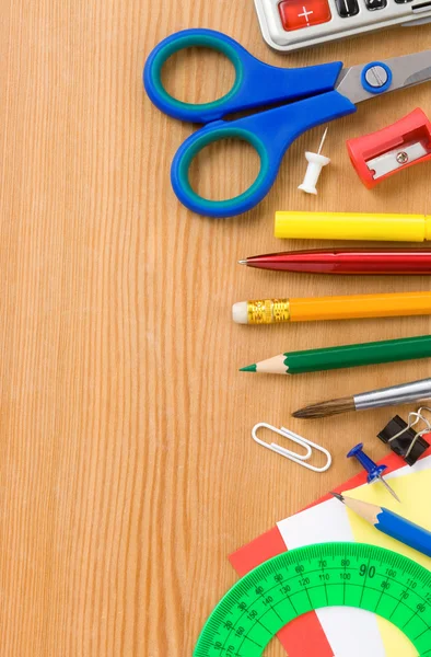 School accessories and supplies on wood — Stock Photo, Image