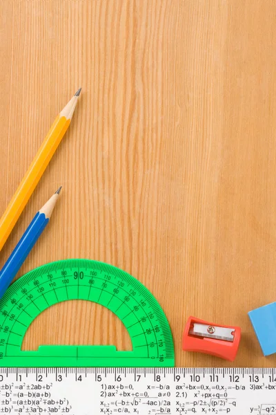 School accessories and supplies on wood — Stock Photo, Image