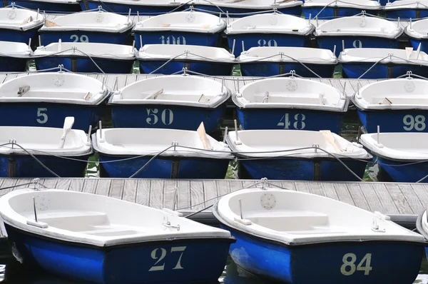 Pleziervaartuigen rij in een dok geplaatst op meer — Stockfoto