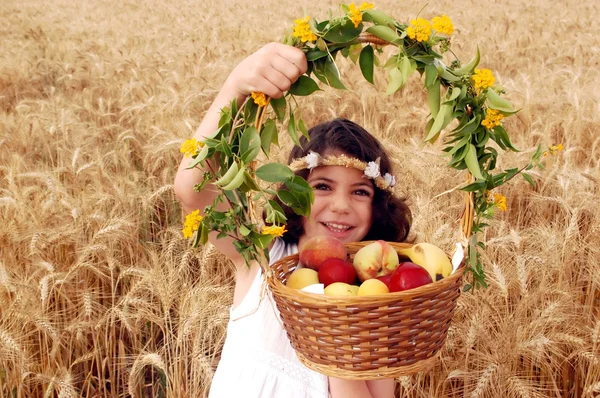 Flicka håller korg med frukter i fältet av vete — Stockfoto