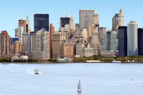 The skyline of Manhattan New York from Statue of liberty Island, USA.