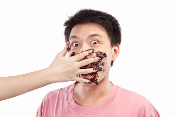 Ásia homem e chocolate spread — Fotografia de Stock