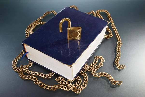 Книга з золотим ланцюгом і замком — стокове фото