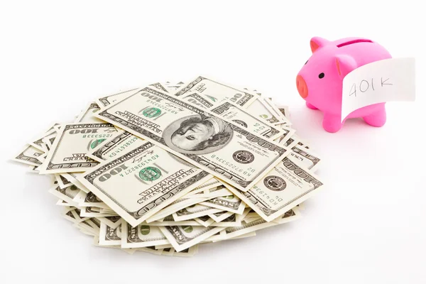 Piggy bank 401K e dólar — Fotografia de Stock