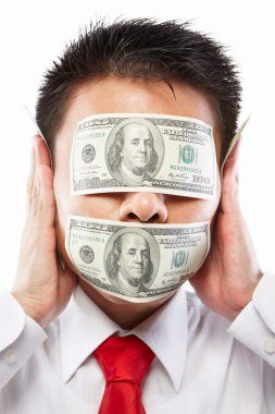 Bribe concept, eyes and mouth sealed with dollar bill clipart