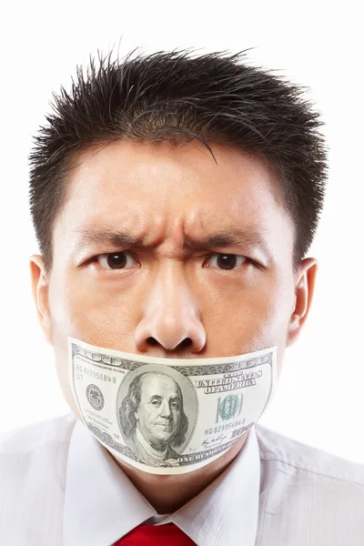 Conceito de suborno, boca selada com nota de dólar — Fotografia de Stock