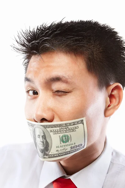 Bribe concept, mouth sealed with dollar bill — Stock Photo, Image