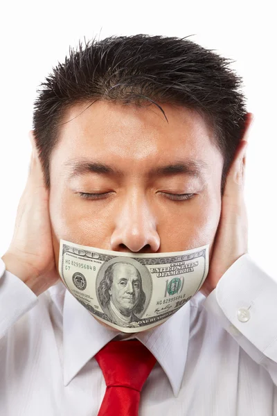 Conceito de suborno, boca selada com nota de dólar — Fotografia de Stock