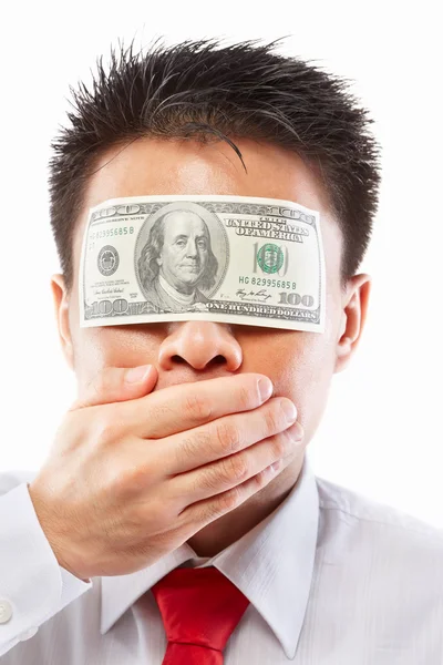 Concepto de soborno, ojos sellados con billete de dólar — Foto de Stock